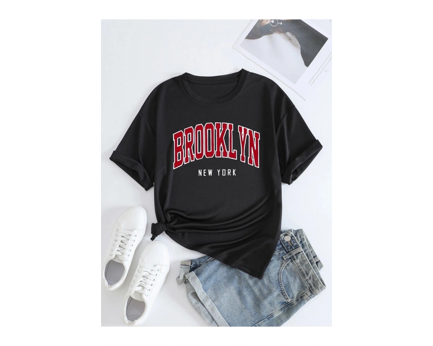 Büyük Beden Beyaz Brooklyn New York Kırmızı Baskılı Oversize Unisex Pamuklu