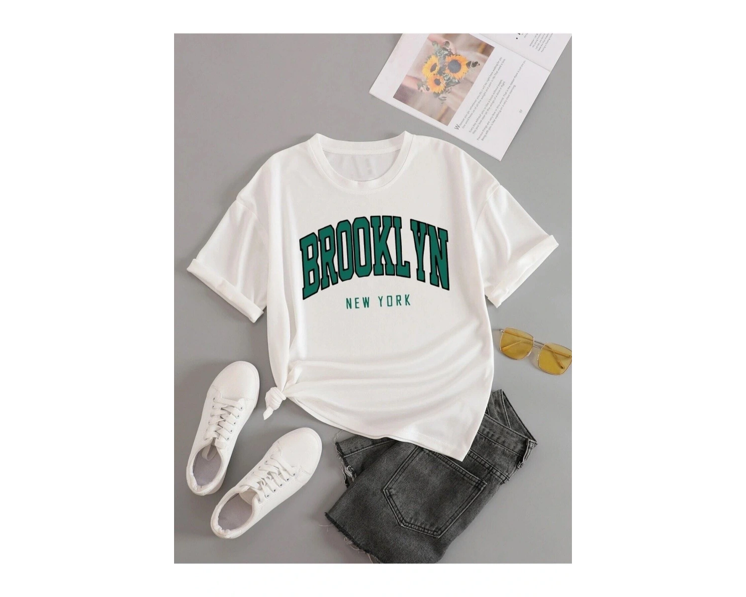 Büyük Beden Beyaz Brooklyn New York Kırmızı Baskılı Oversize Unisex Pamuklu