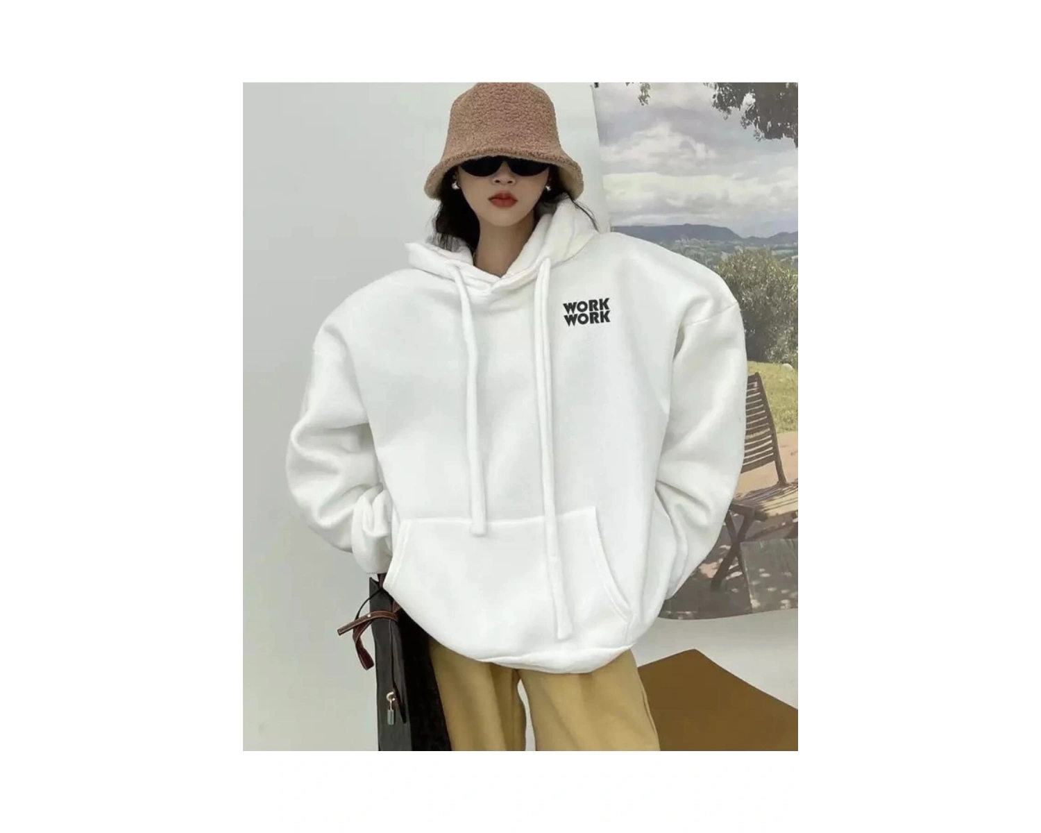 Büyük Beden Kapüşonlu Work Work Baskılı Tam Kışlık Geniş Oversize Kadın Sweatshırt Beyaz