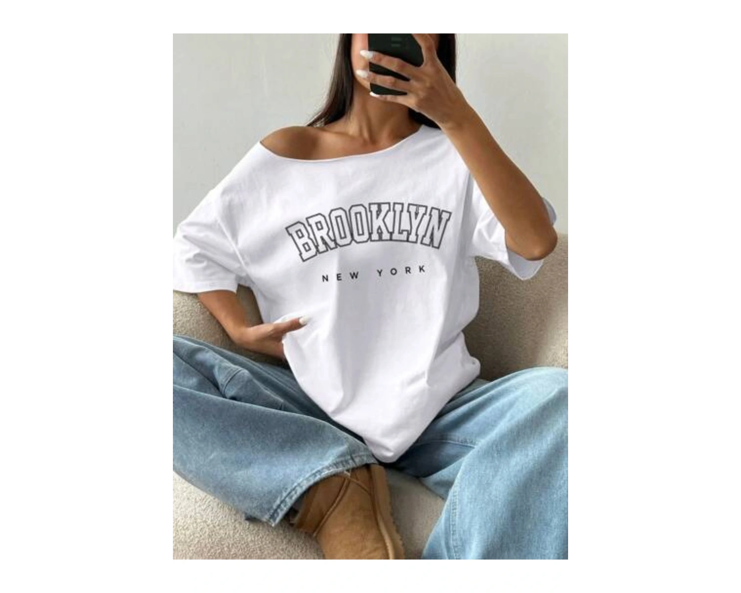 Büyük Beden Kayık Yaka Brooklyn Baskılı Oversize %100 Pamuk