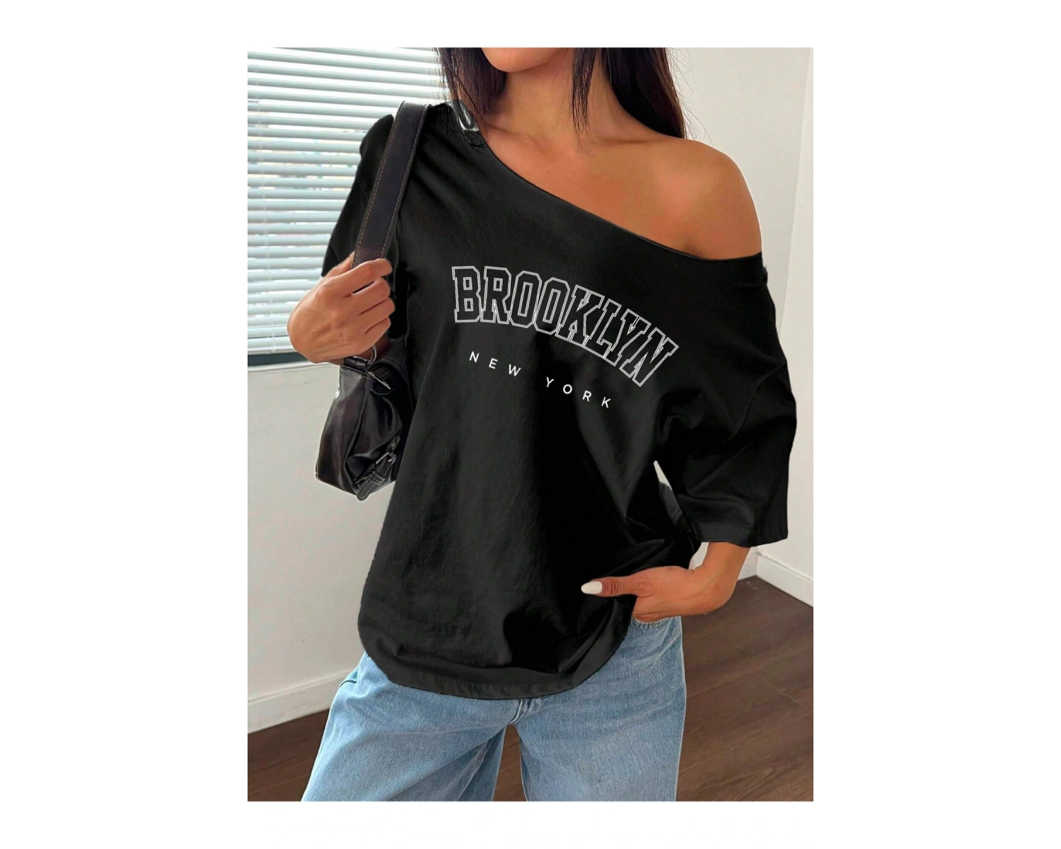 Büyük Beden Kayık Yaka Brooklyn Baskılı Oversize %100 Pamuk