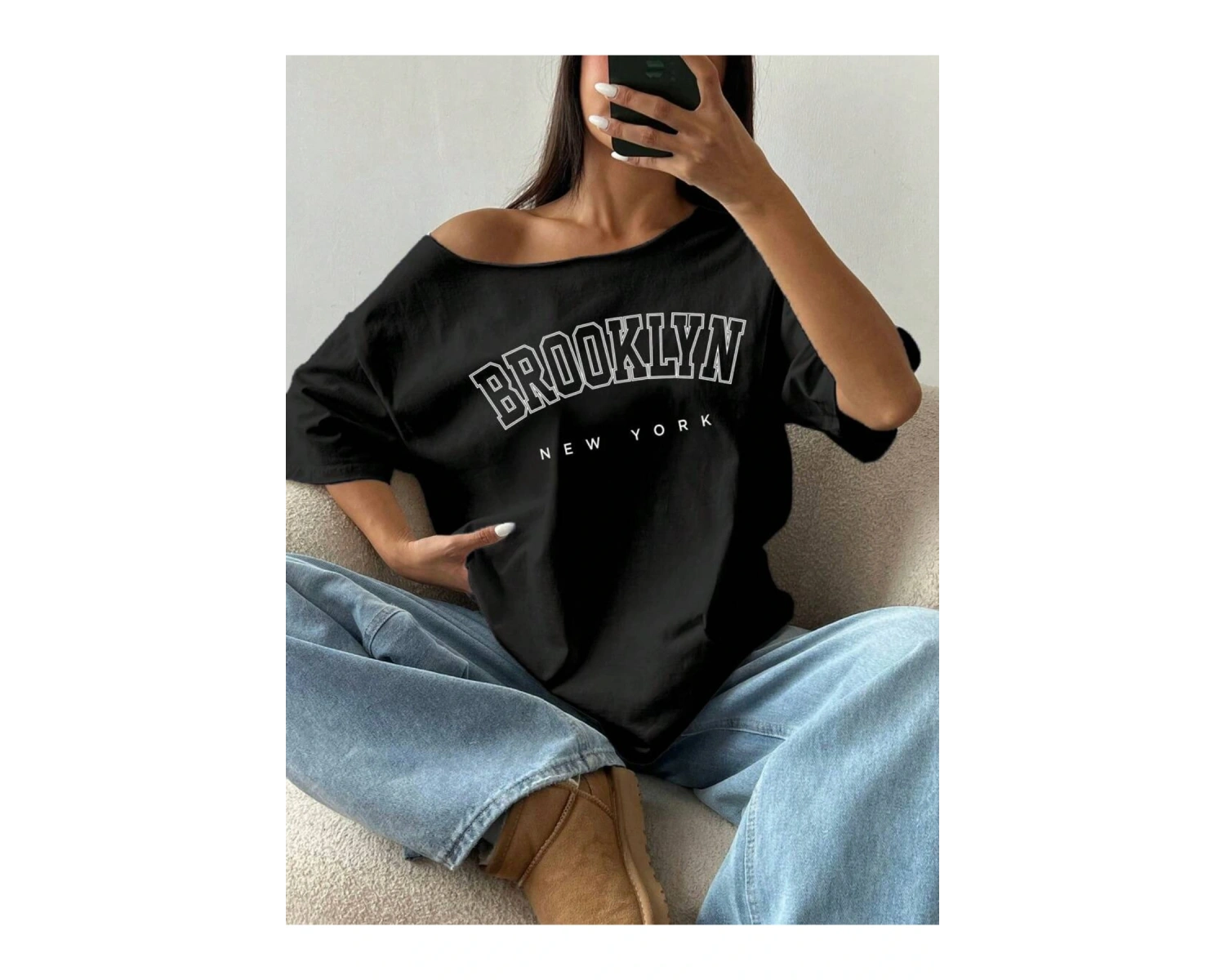 Büyük Beden Kayık Yaka Brooklyn Baskılı Oversize %100 Pamuk