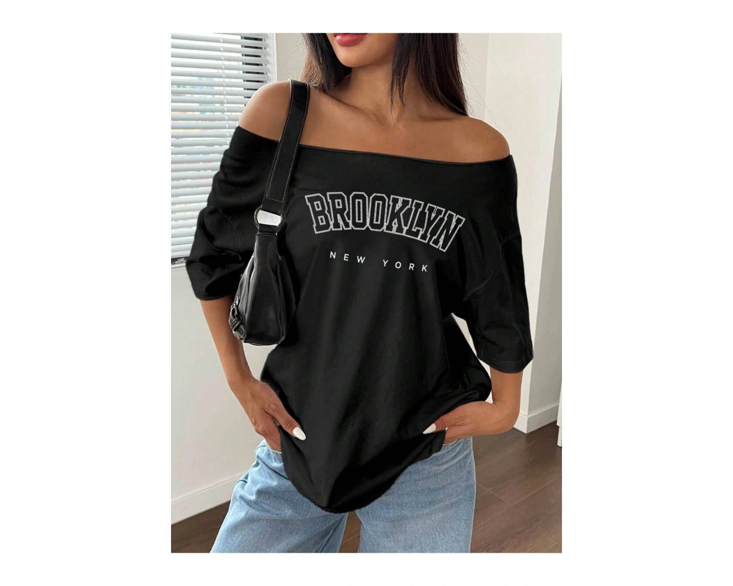 Büyük Beden Kayık Yaka Brooklyn Baskılı Oversize %100 Pamuk