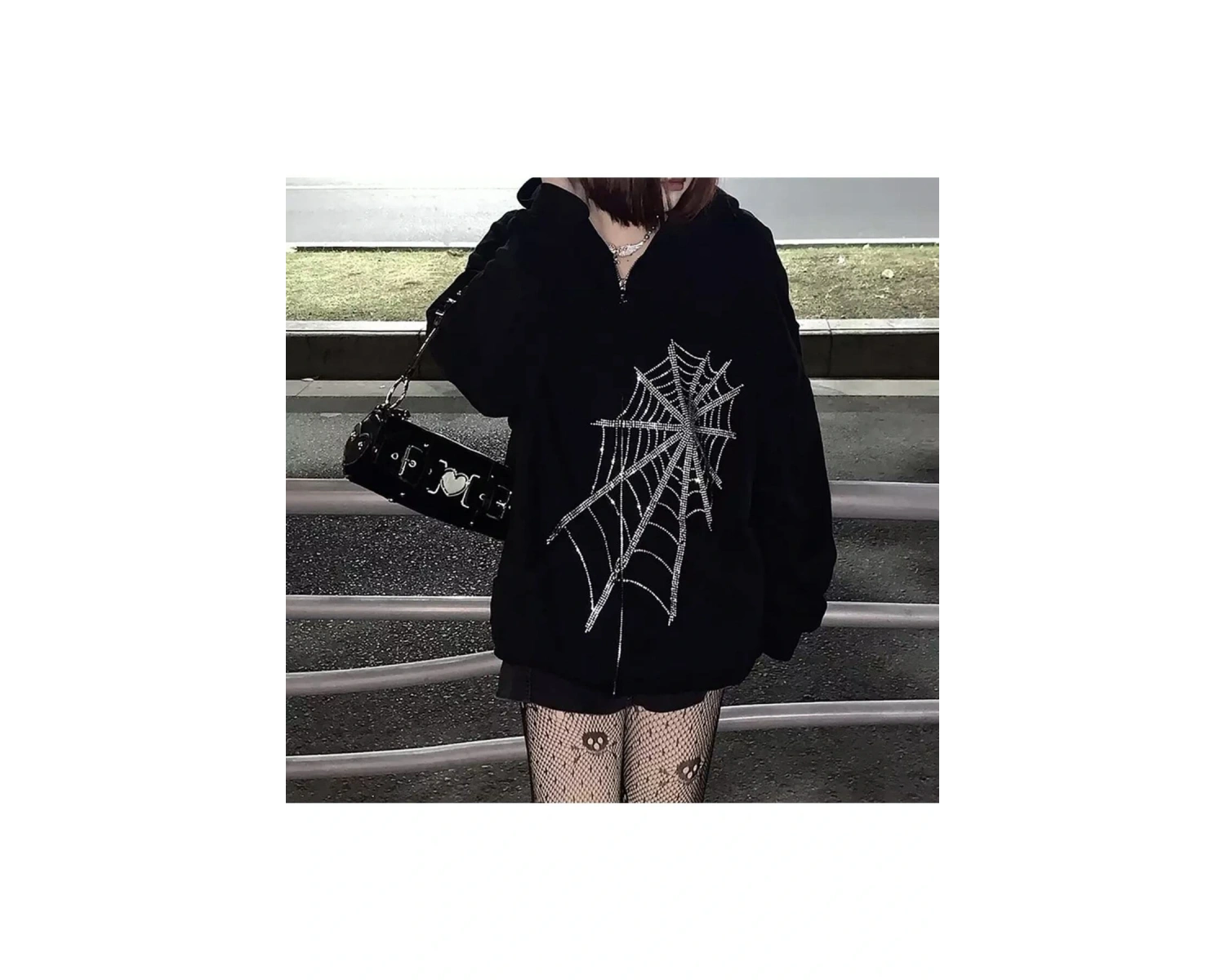 Büyük Beden Örümcek Ağı Silver Baskılı Kapüşonlu Fermuarlı Oversize Kadın Ceket-swe Siyah