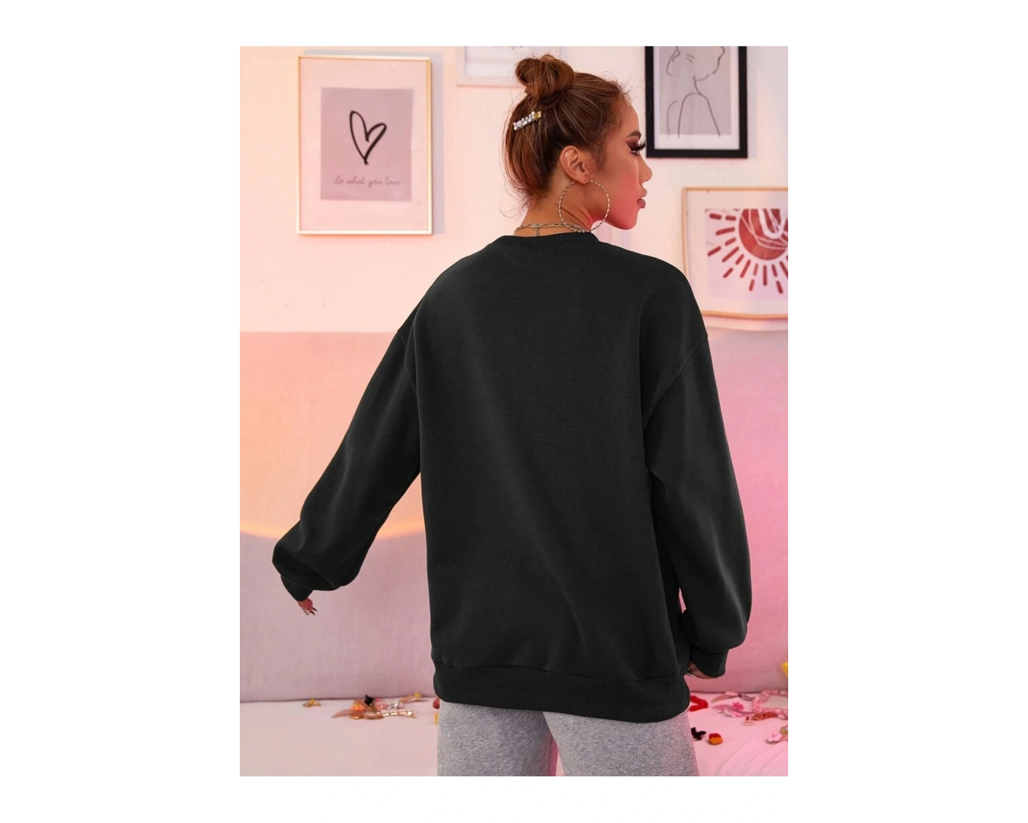 Calıfornia Özel Seri Oversize Bisiklet Yaka Pamuklu Sweatshirt Siyah