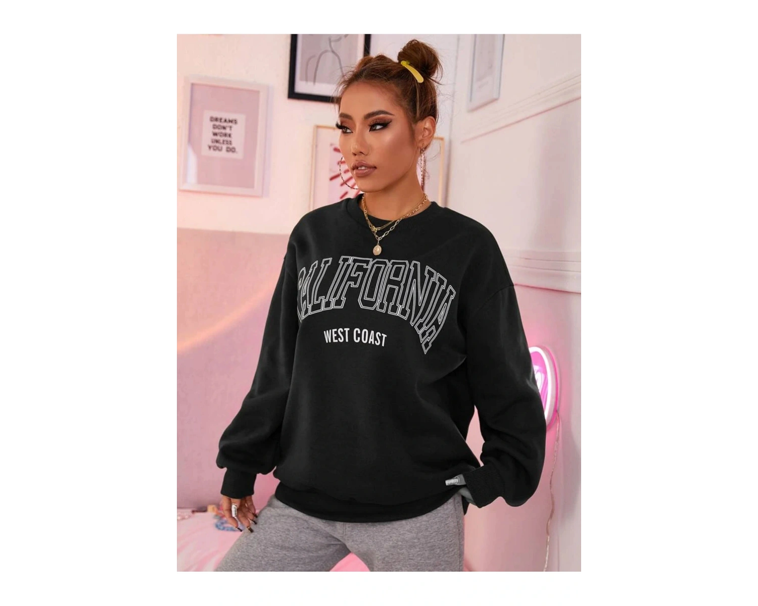 Calıfornia Özel Seri Oversize Bisiklet Yaka Pamuklu Sweatshirt Siyah