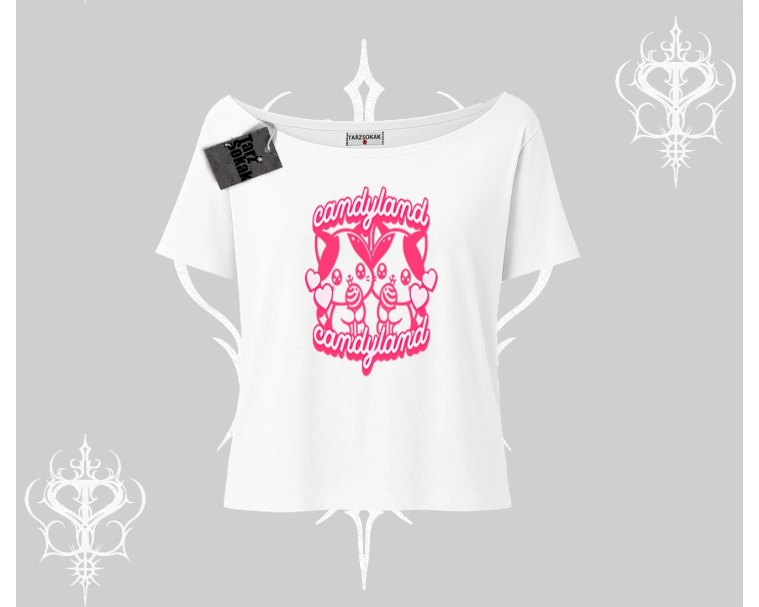 Candyland Yazılı Sevimli Kedi Baskılı Biskilet Sweatshirt