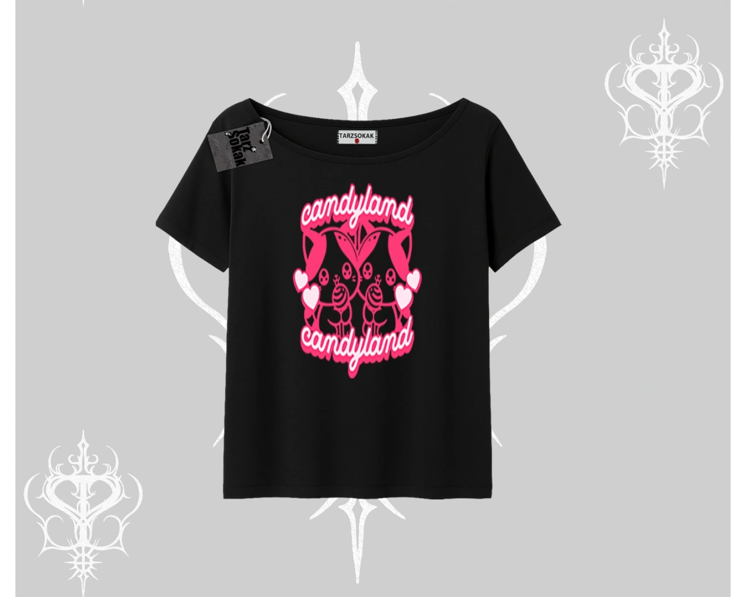 Candyland Yazılı Sevimli Kedi Baskılı Kapşonlu Crop Sweatshirt