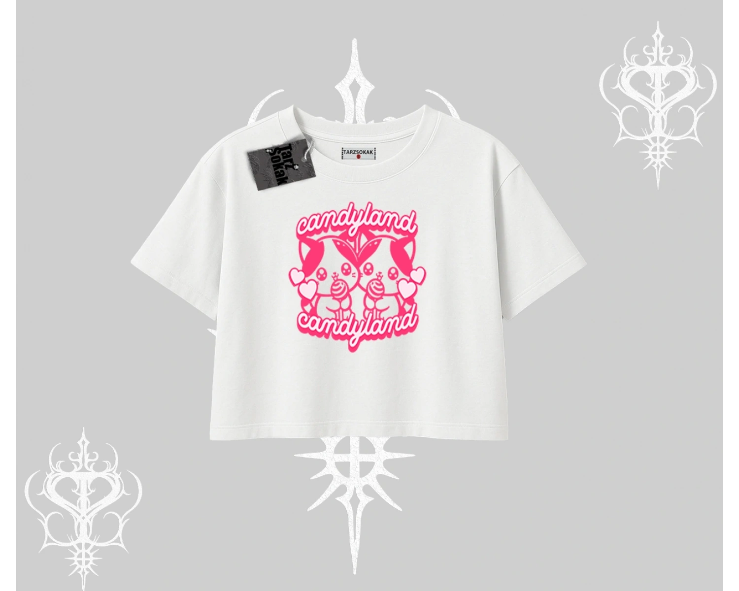 Candyland Yazılı Sevimli Kedi Baskılı Kapşonlu Crop Sweatshirt