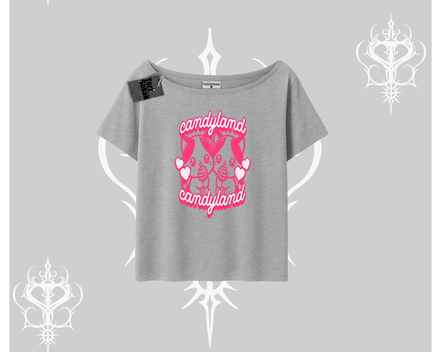 Candyland Yazılı Sevimli Kedi Baskılı Kapşonlu Crop Sweatshirt