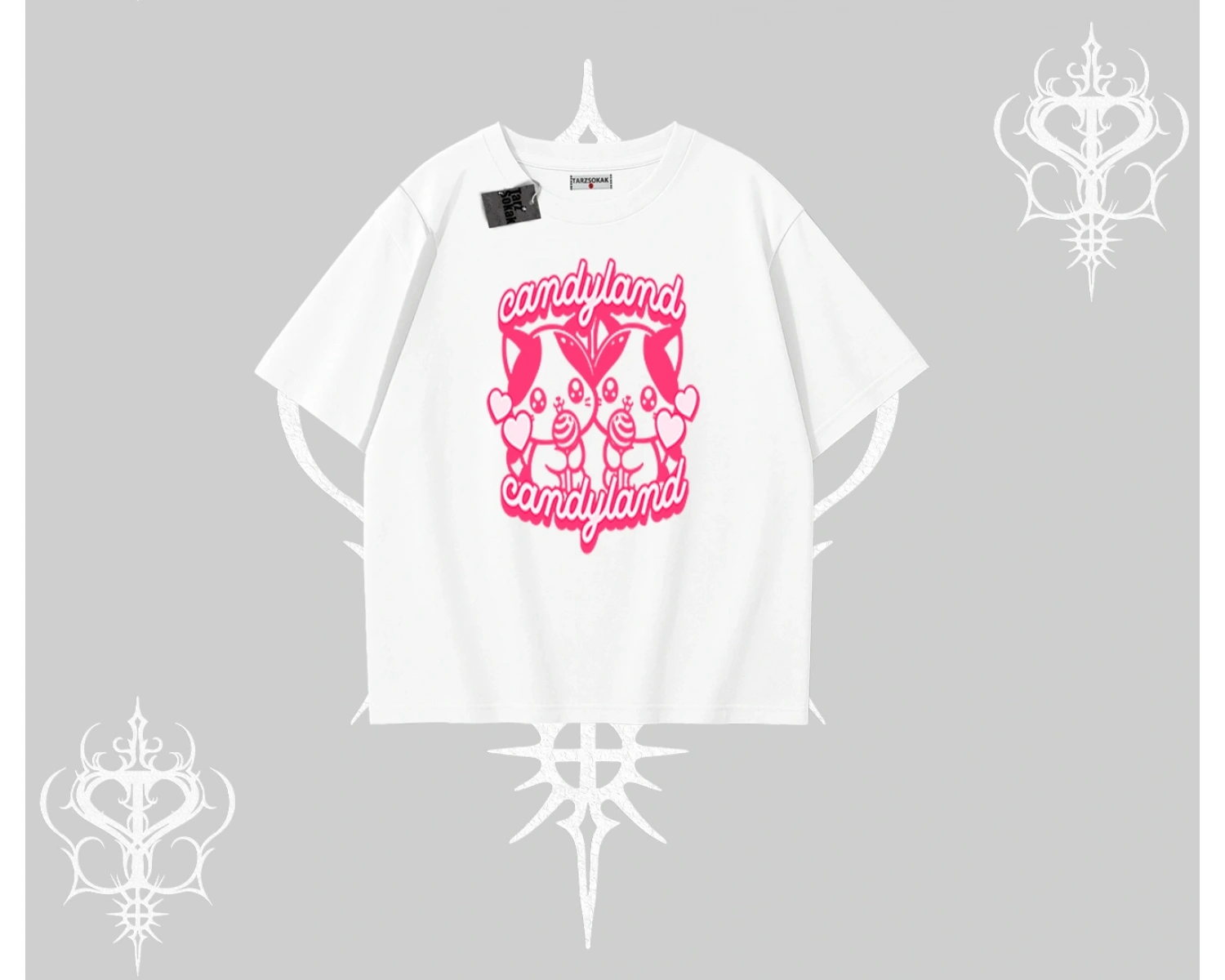 Candyland Yazılı Sevimli Kedi Baskılı Kapşonlu Sweatshirt