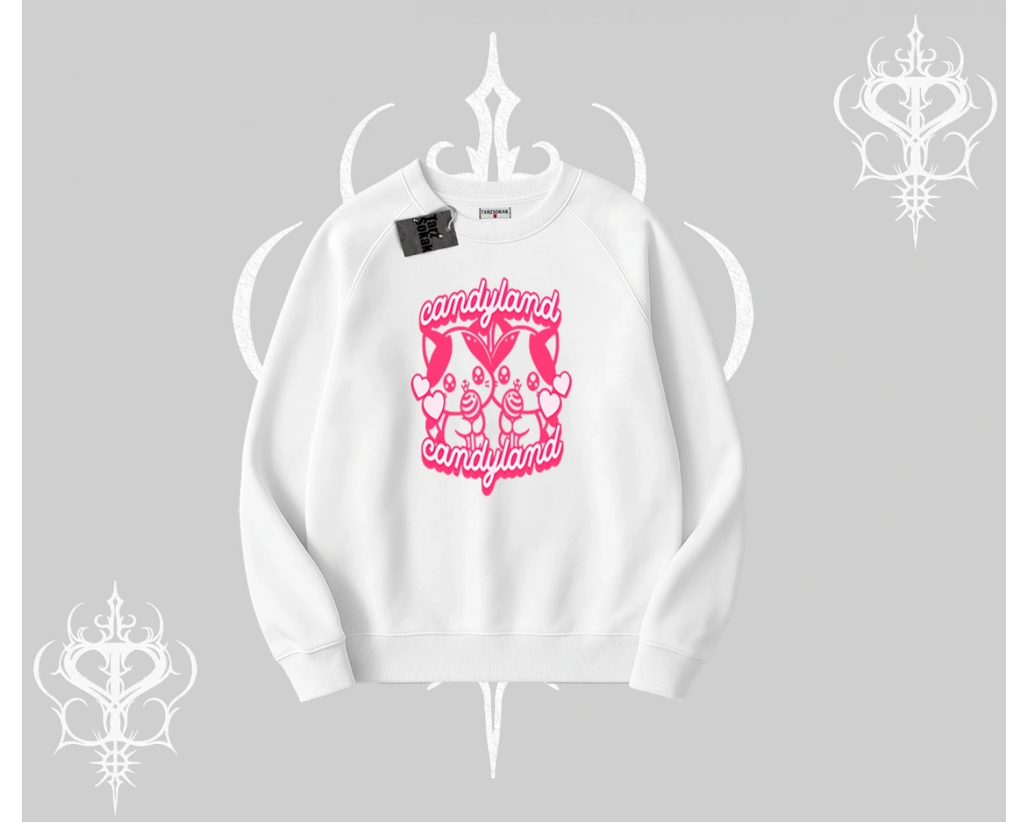 Candyland Yazılı Sevimli Kedi Baskılı Kayık Yaka Tshirt