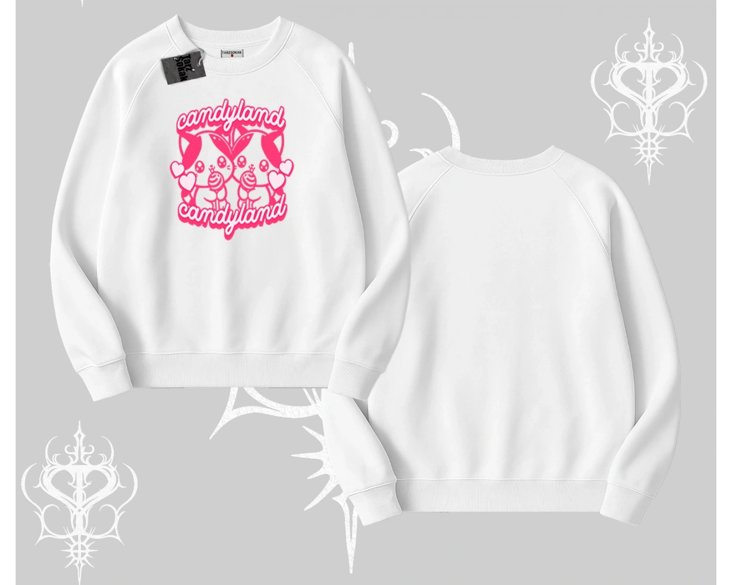 Candyland Yazılı Sevimli Kedi Baskılı Kayık Yaka Tshirt