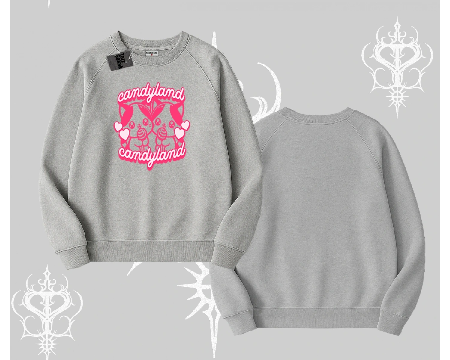 Candyland Yazılı Sevimli Kedi Baskılı Oversize Crop Tshirt