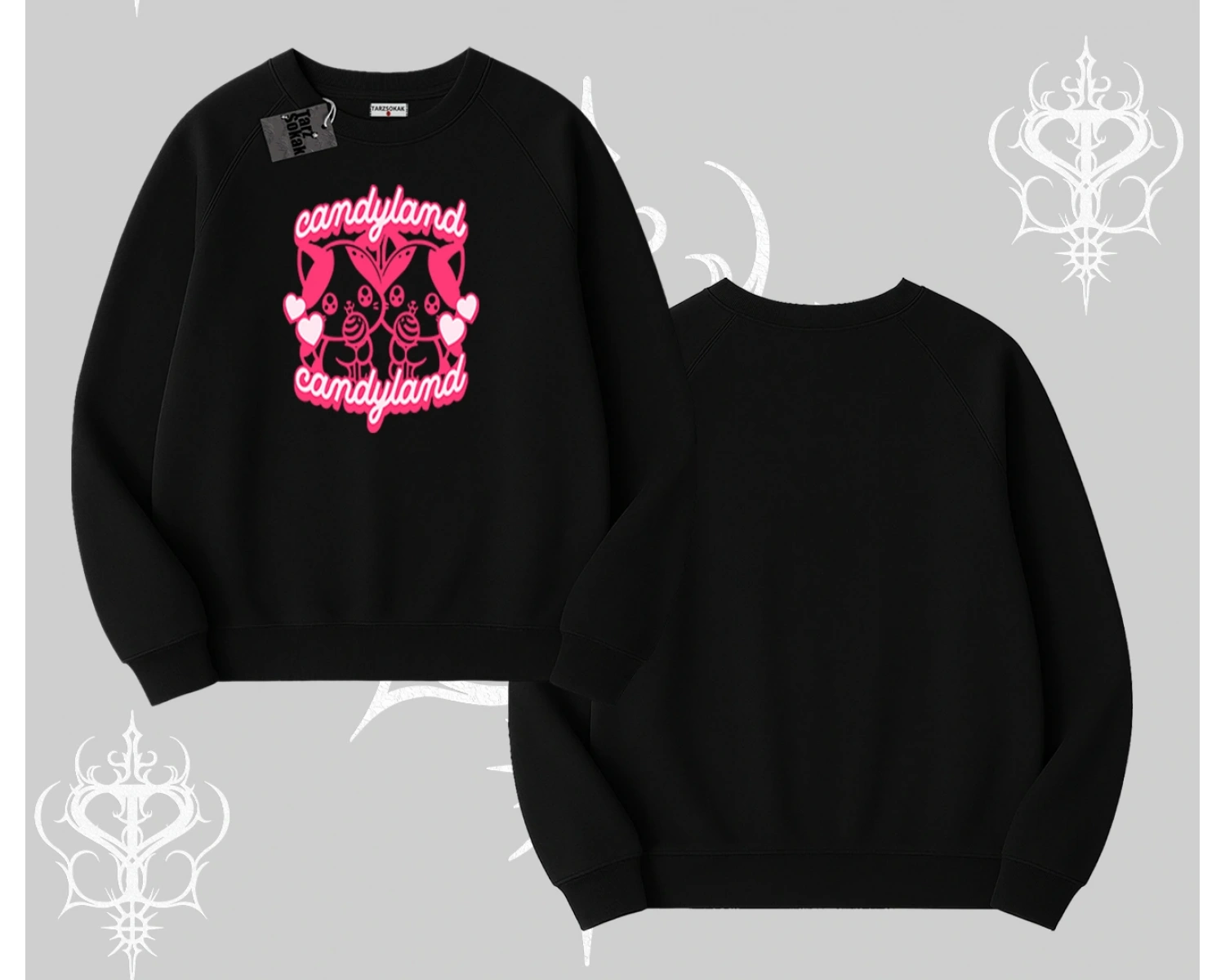 Candyland Yazılı Sevimli Kedi Baskılı Oversize Crop Tshirt