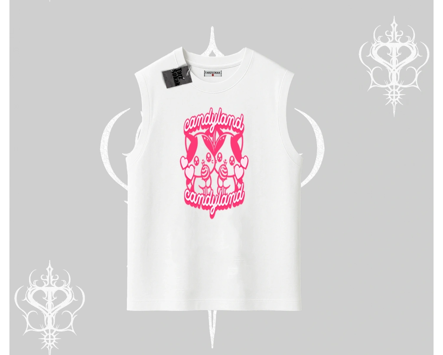 Candyland Yazılı Sevimli Kedi Baskılı Oversize Tshirt