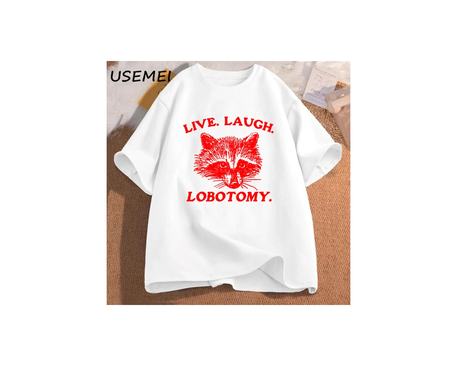 Canlı gülmek Lobotomy T Shirt Meme rakun grafik T-Shirt Vintage pamuk kısa kollu baskılı Tshi 2901