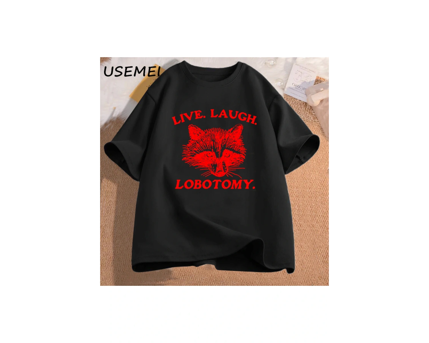 Canlı gülmek Lobotomy T Shirt Meme rakun grafik T-Shirt Vintage pamuk kısa kollu baskılı Tshi 2901