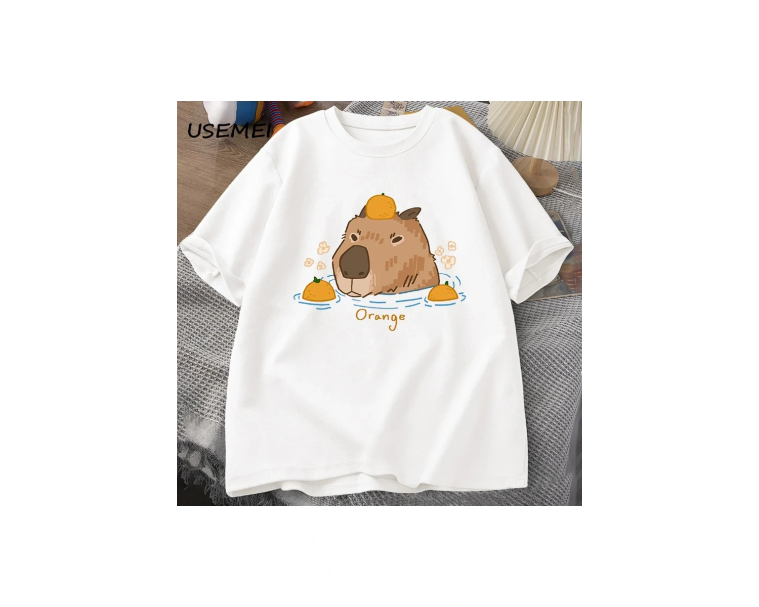 Capybara portakallar ile yüzme t-shirt boy T Shirt Unisex pamuk Shrot kollu karikatür hayvan