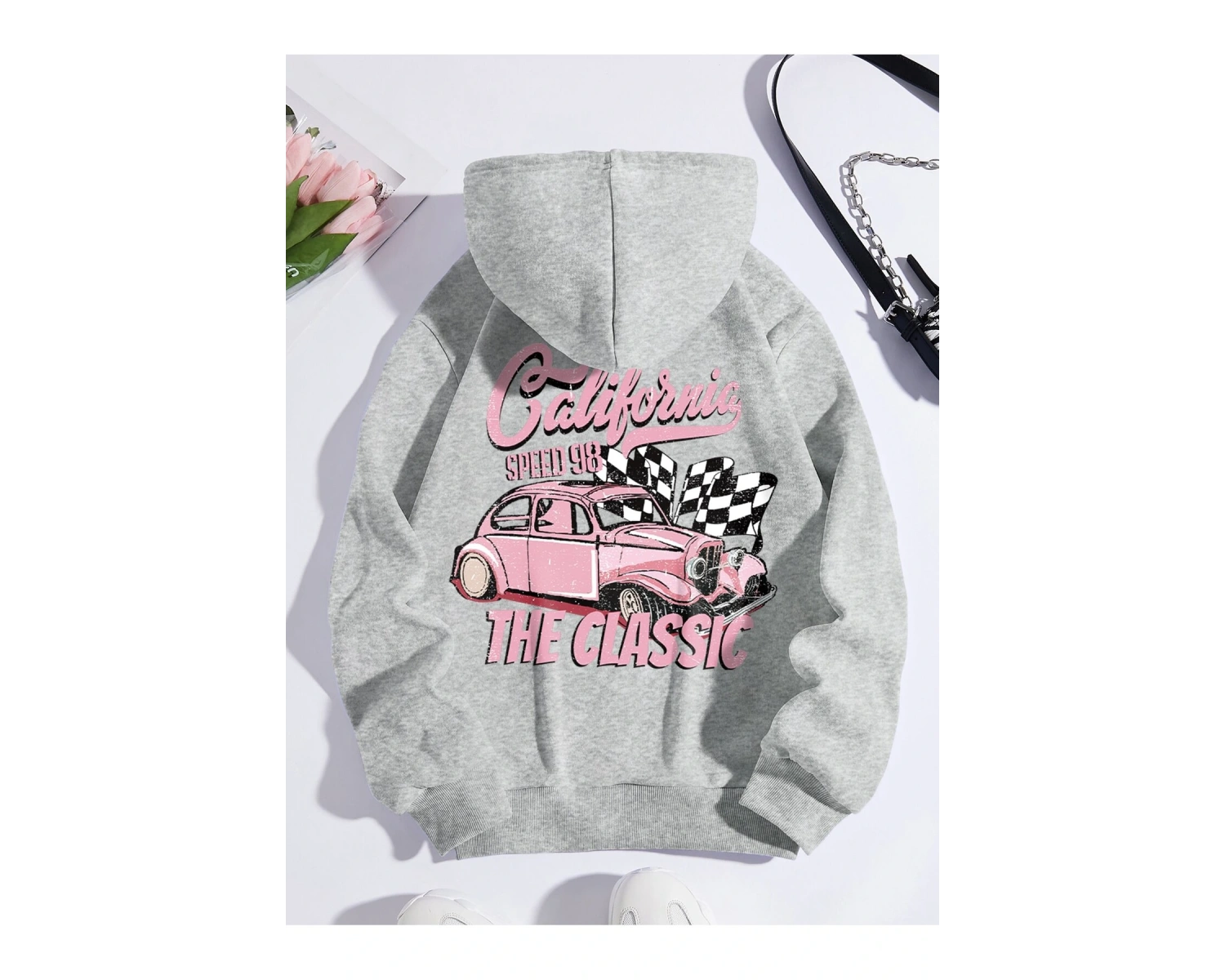 Car & Letter Graphic Drawstring Lined Hoodie Gri