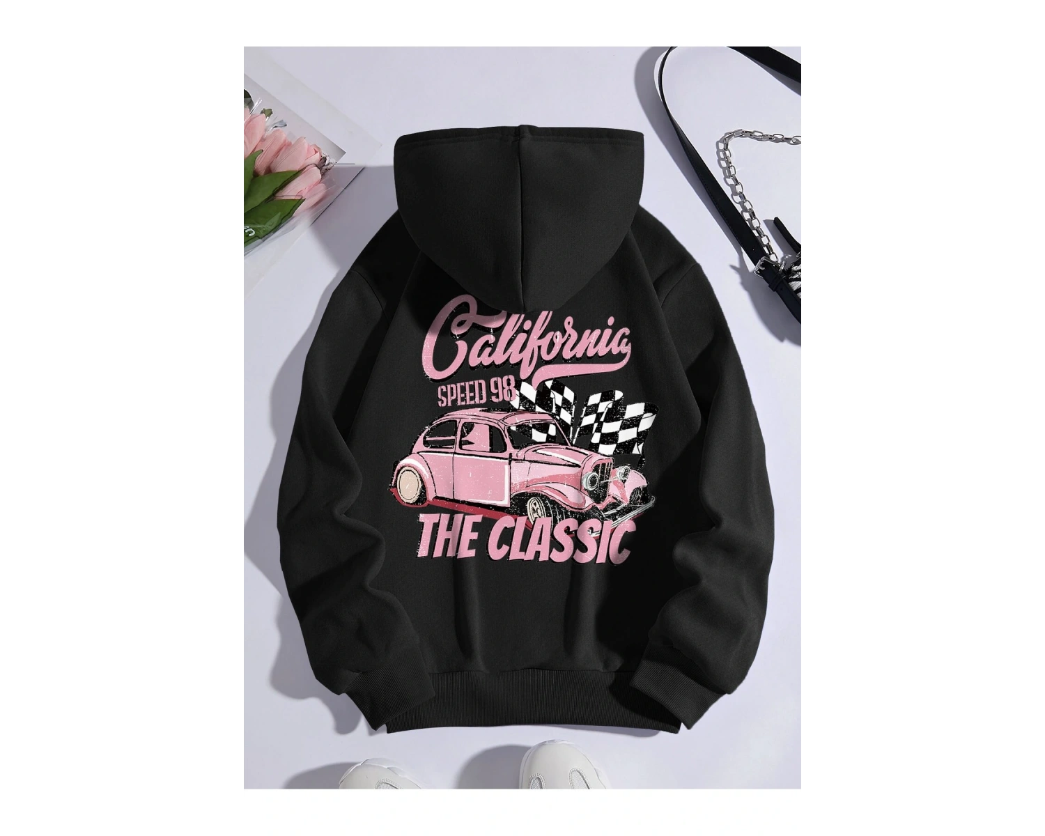 Car & Letter Graphic Drawstring Lined Hoodie Siyah