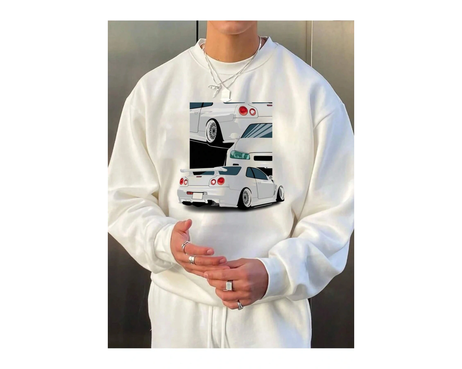 Car Print Drop Shoulder Sweatshirt Beyaz