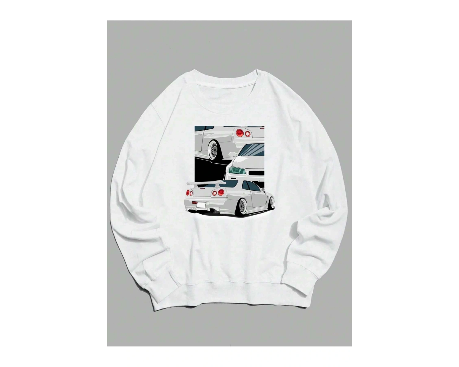 Car Print Drop Shoulder Sweatshirt Beyaz