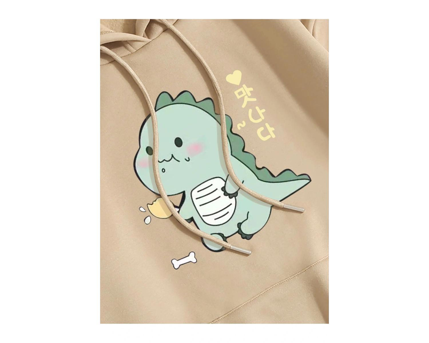 Cartoon And Korean Letter Graphic Drawstring Lined Hoodie Bej