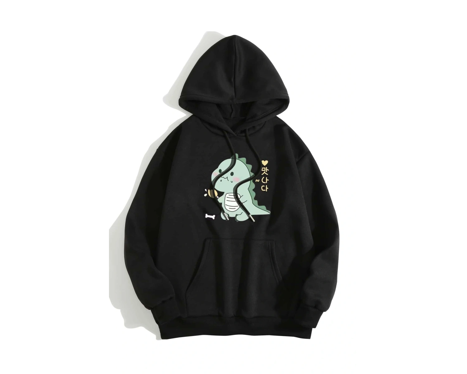 Cartoon And Korean Letter Graphic Drawstring Lined Hoodie Siyah