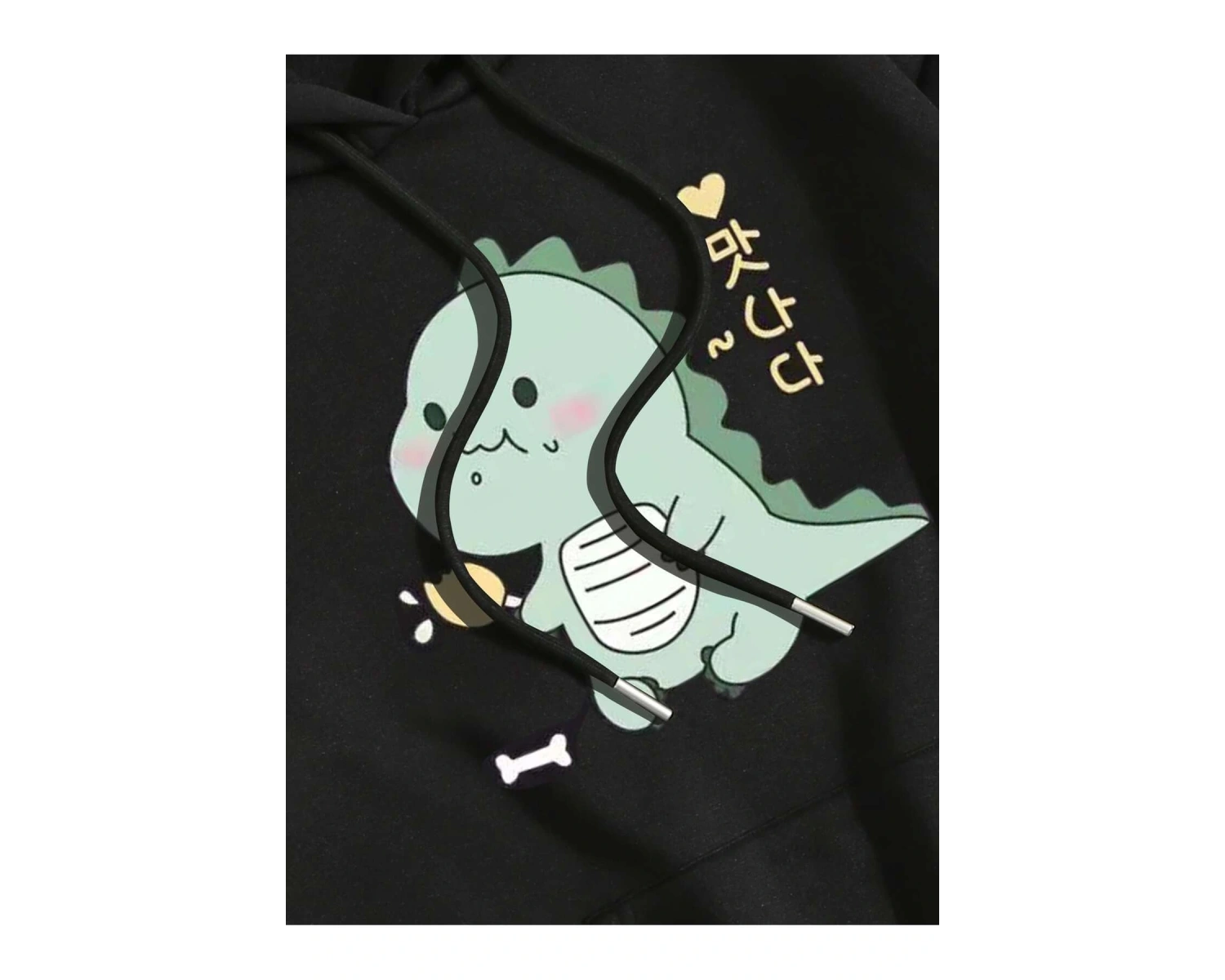 Cartoon And Korean Letter Graphic Drawstring Lined Hoodie Siyah