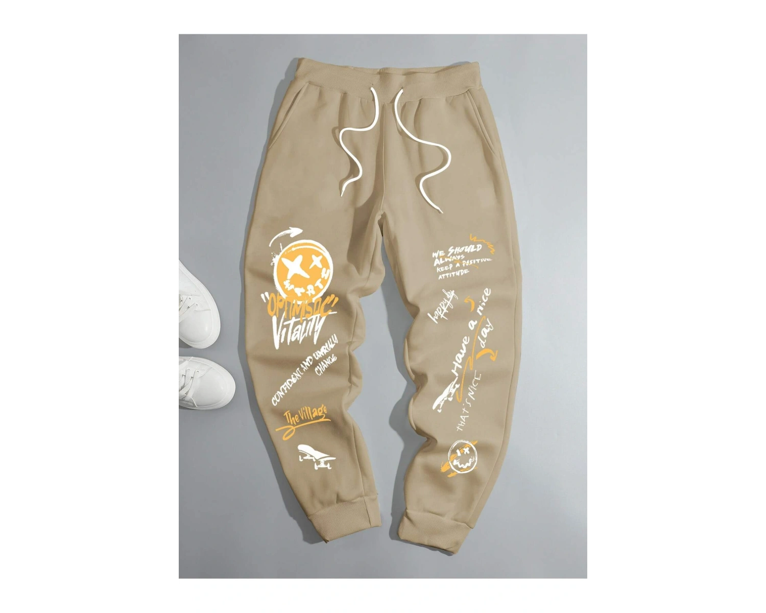 Cartoon Face & Slogan Graphic Drawstring Waist Eşofman Altı