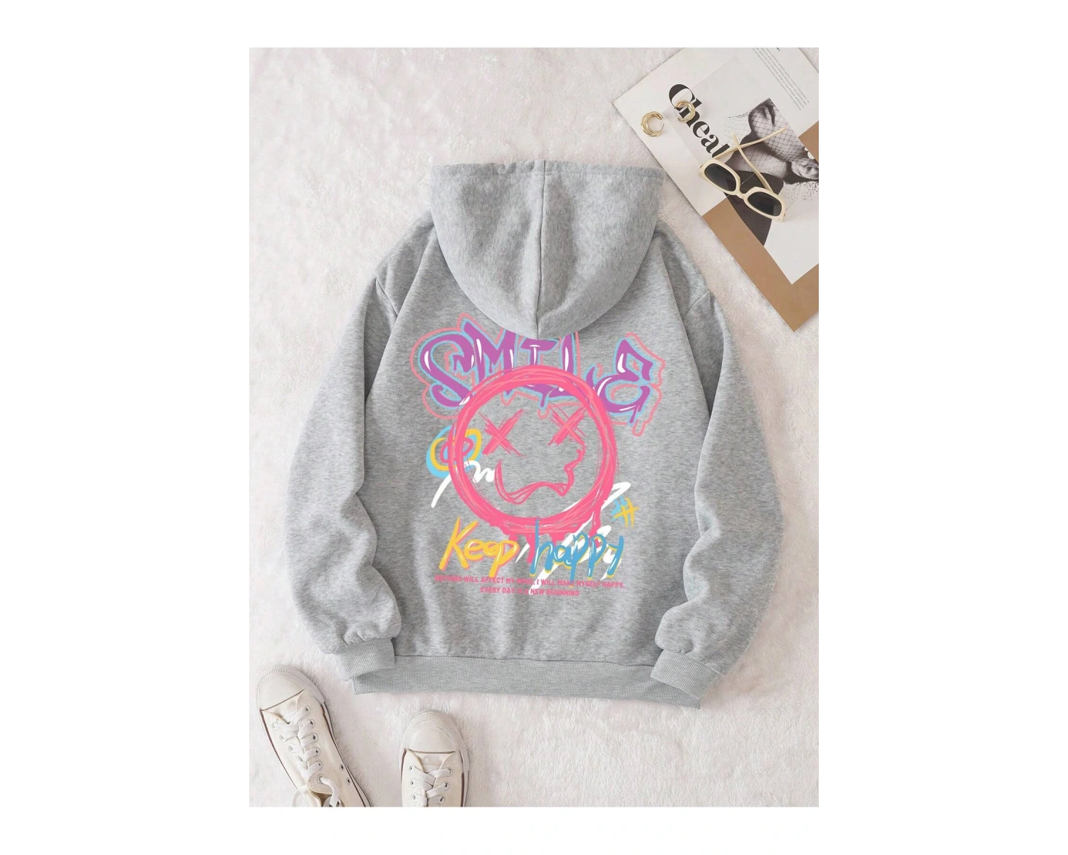 Cartoon & Letter Graphic Drawstring Lined Hoodie Gri