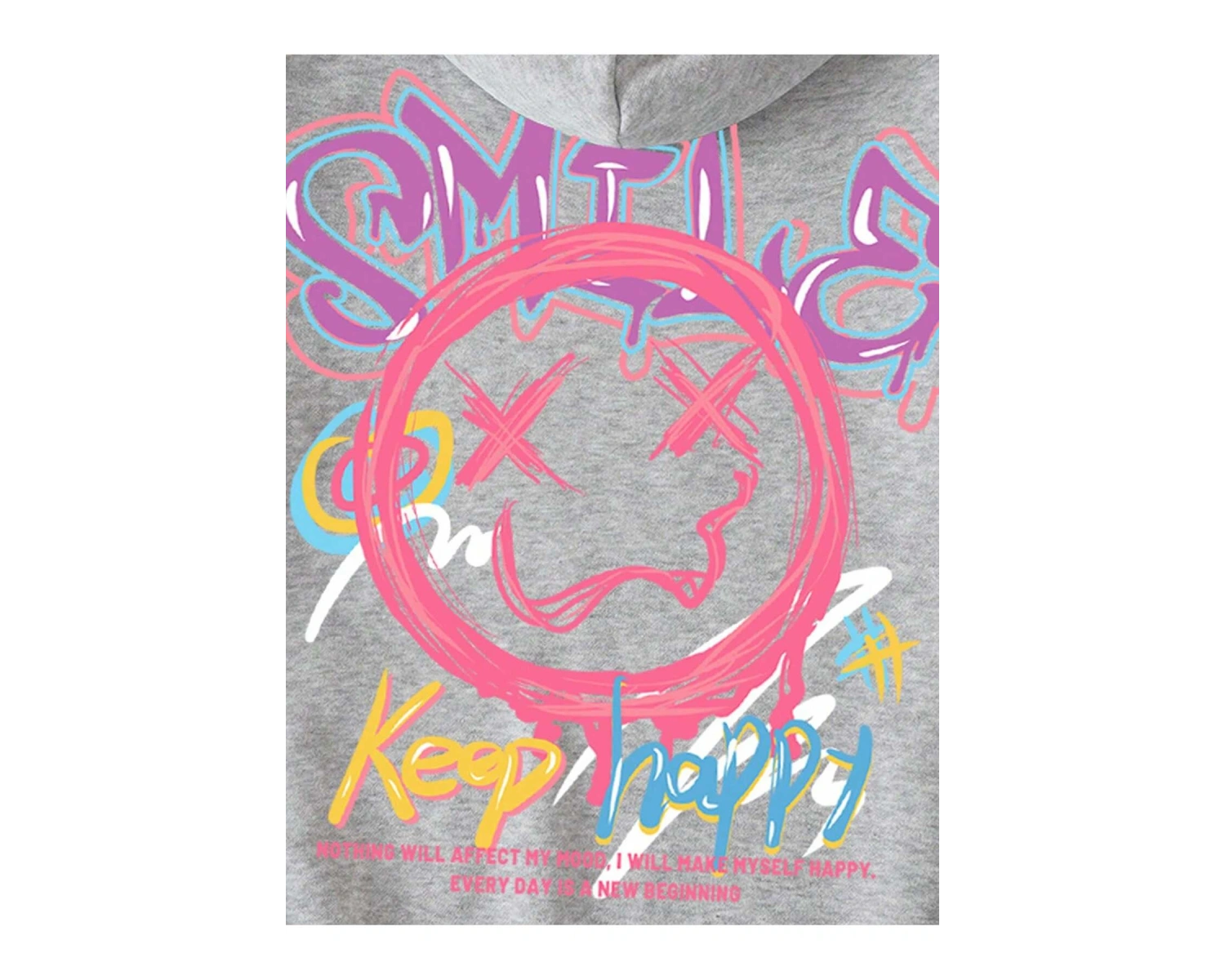 Cartoon & Letter Graphic Drawstring Lined Hoodie Gri