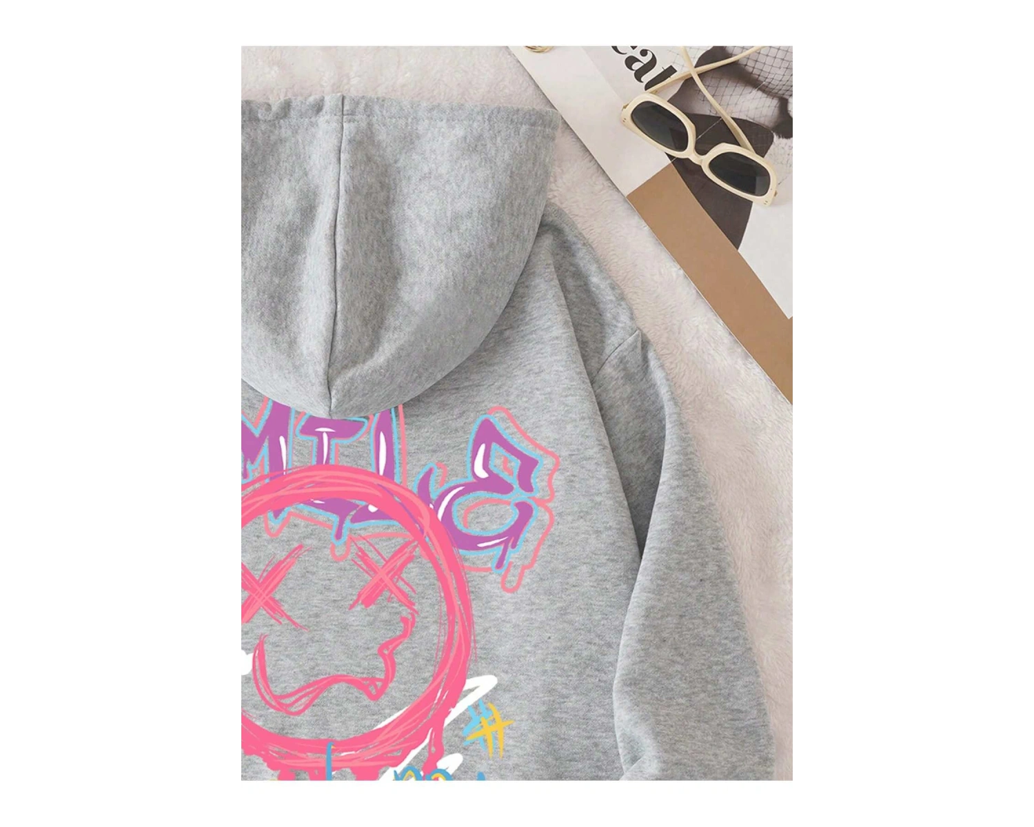 Cartoon & Letter Graphic Drawstring Lined Hoodie Gri