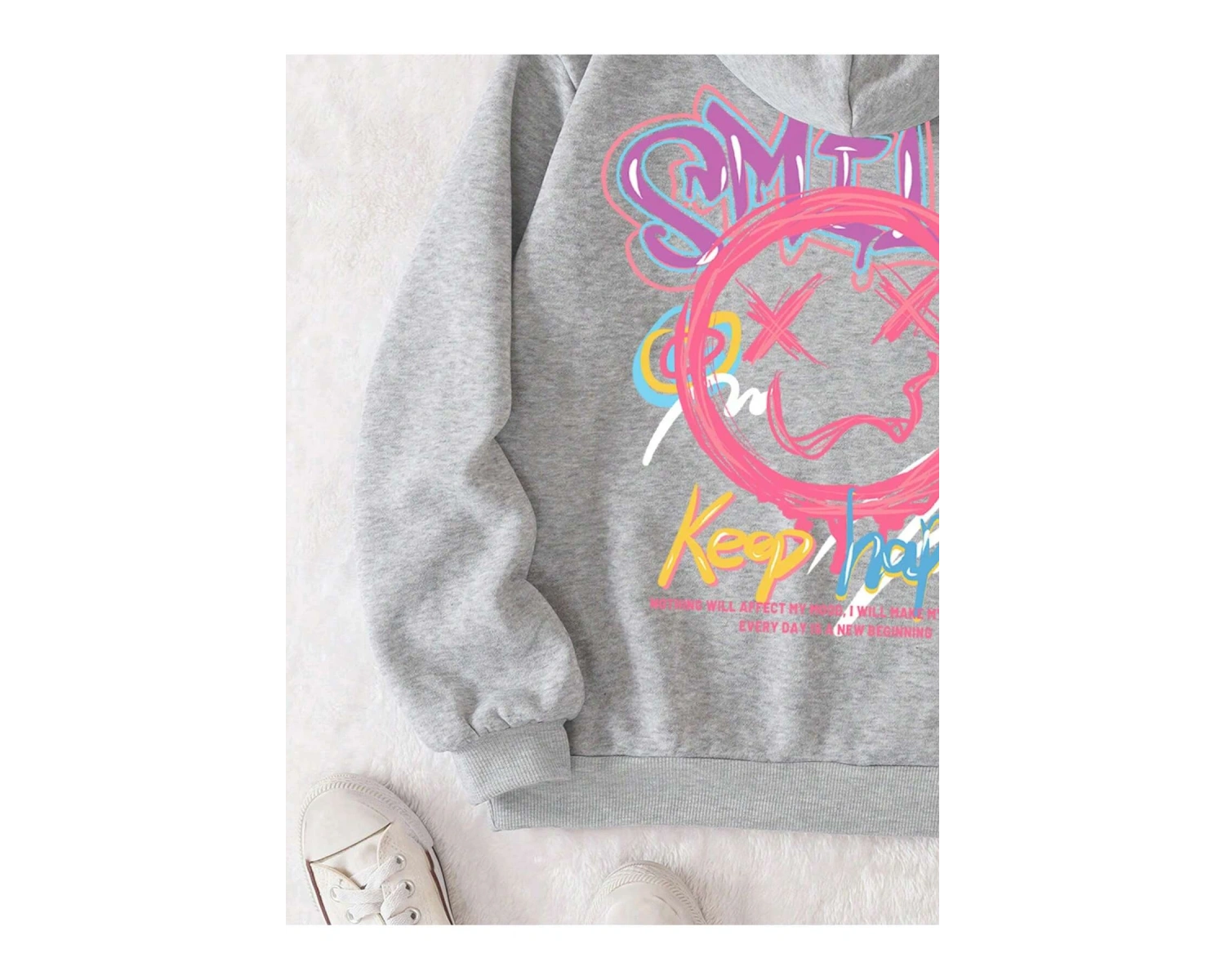 Cartoon & Letter Graphic Drawstring Lined Hoodie Gri