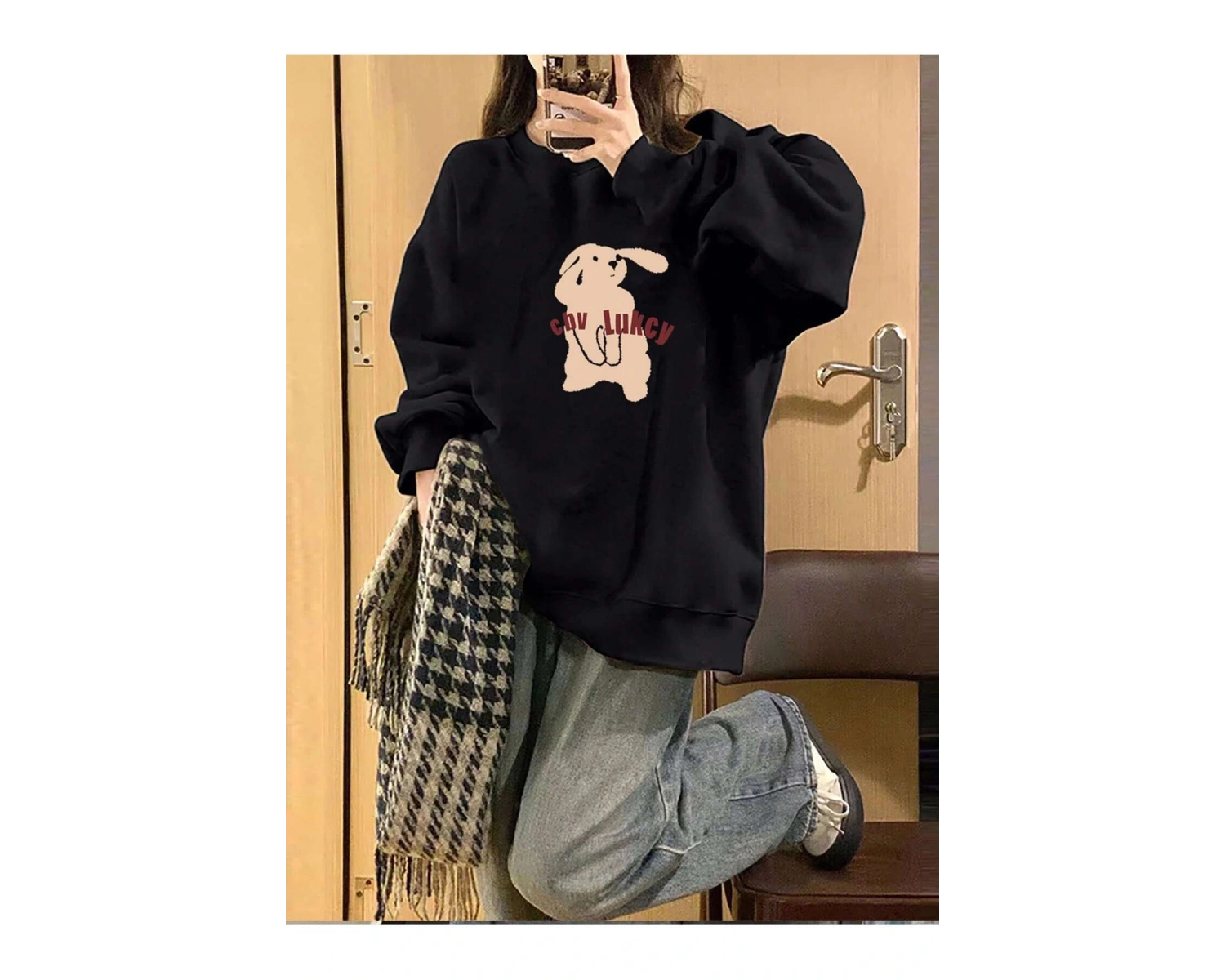 Cartoon & Letter Graphic Drop Shoulder Pullover Siyah