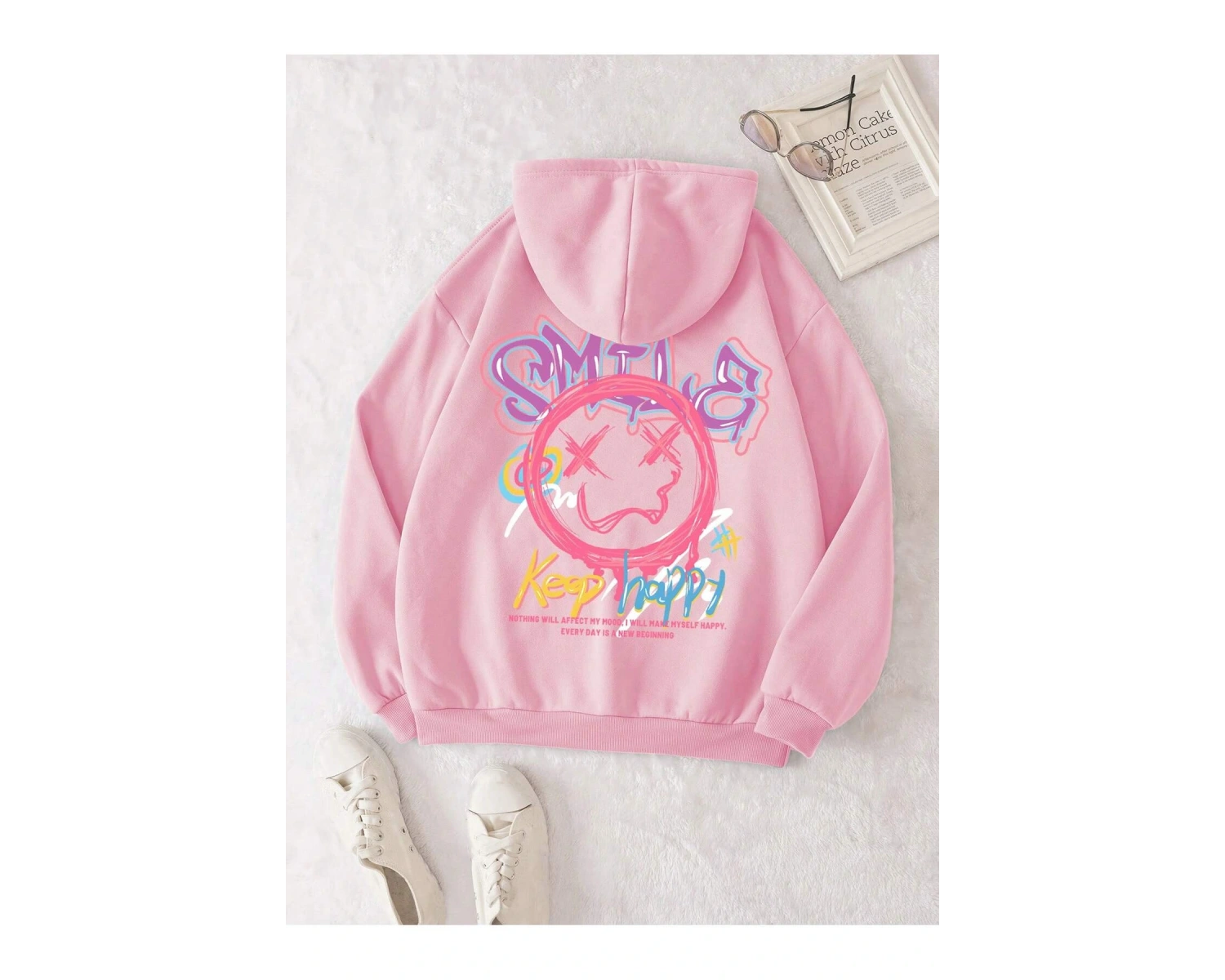 Cartoon & Slogan Graphic Drawstring Lined Hoodie Pembe