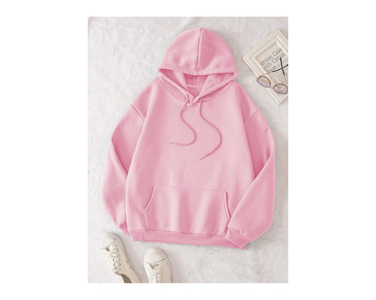 Cartoon & Slogan Graphic Drawstring Lined Hoodie Pembe