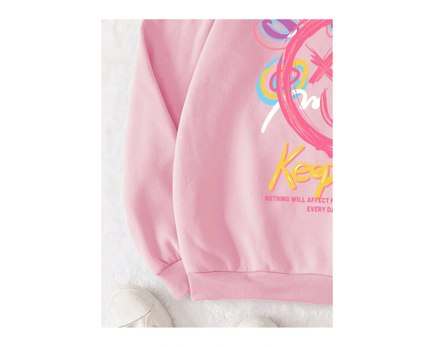 Cartoon & Slogan Graphic Drawstring Lined Hoodie Pembe