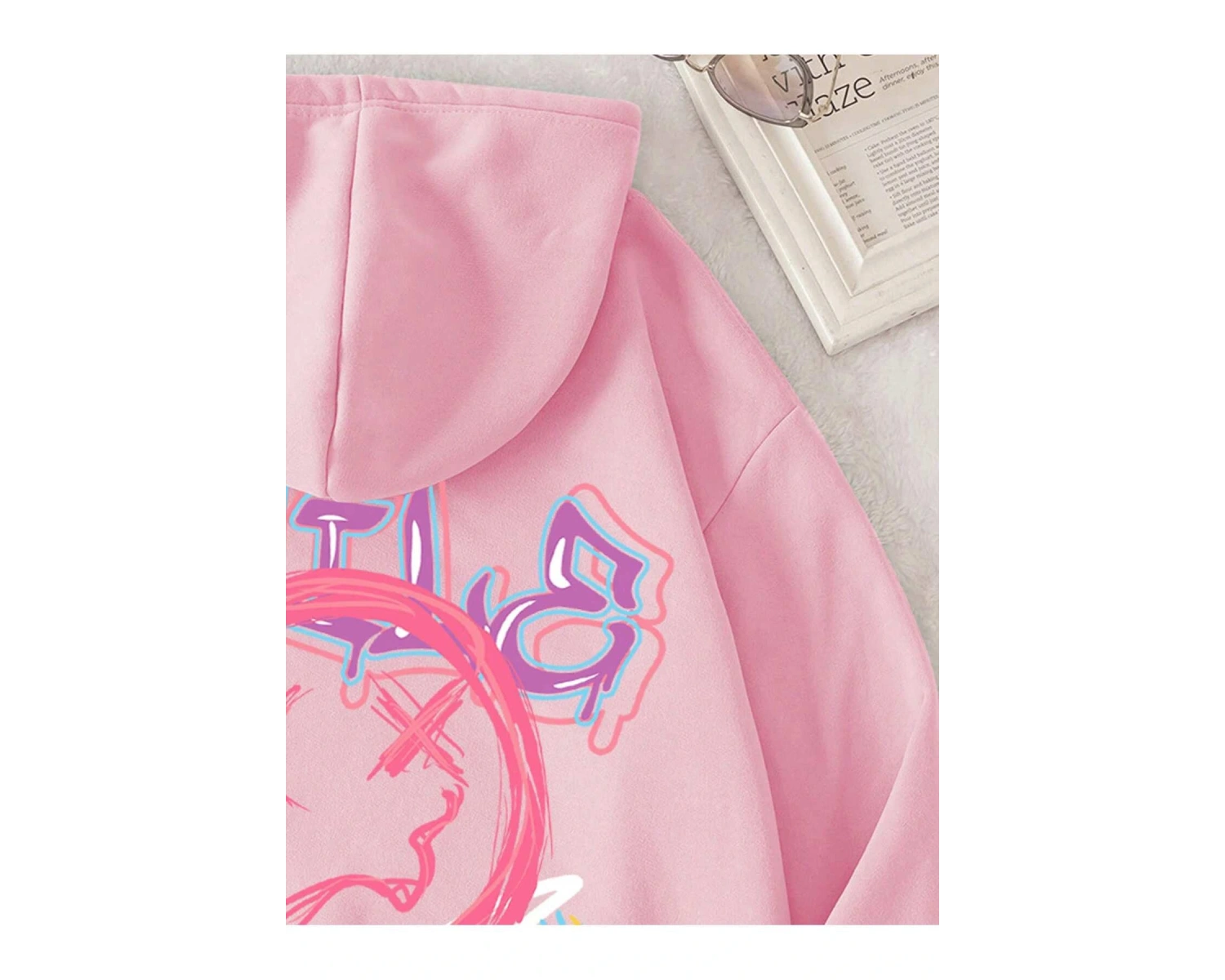 Cartoon & Slogan Graphic Drawstring Lined Hoodie Pembe