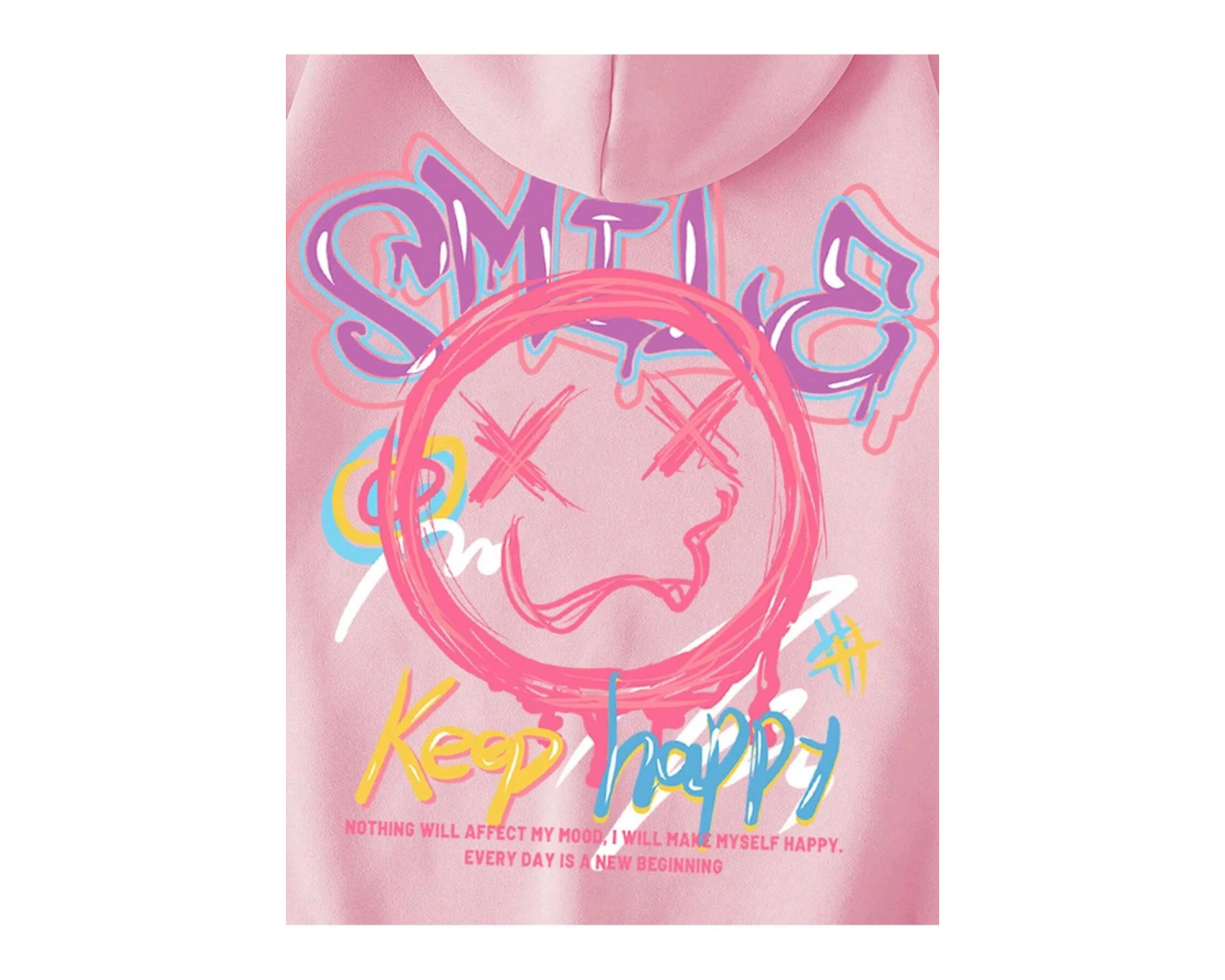 Cartoon & Slogan Graphic Drawstring Lined Hoodie Pembe