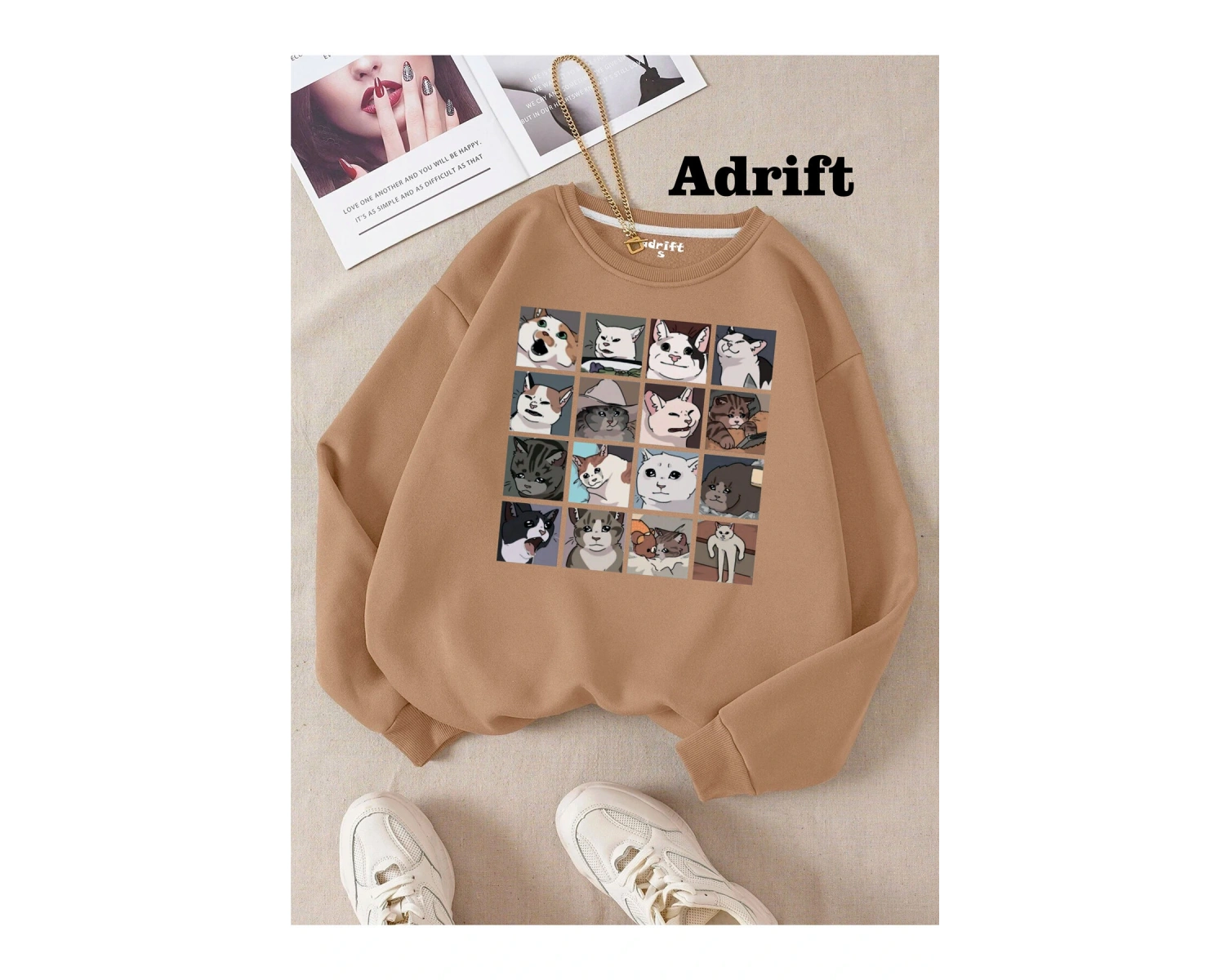 Cat Memes Collage Köstebek Sokak Trend Tasarım Harajuku/Gotik Bej