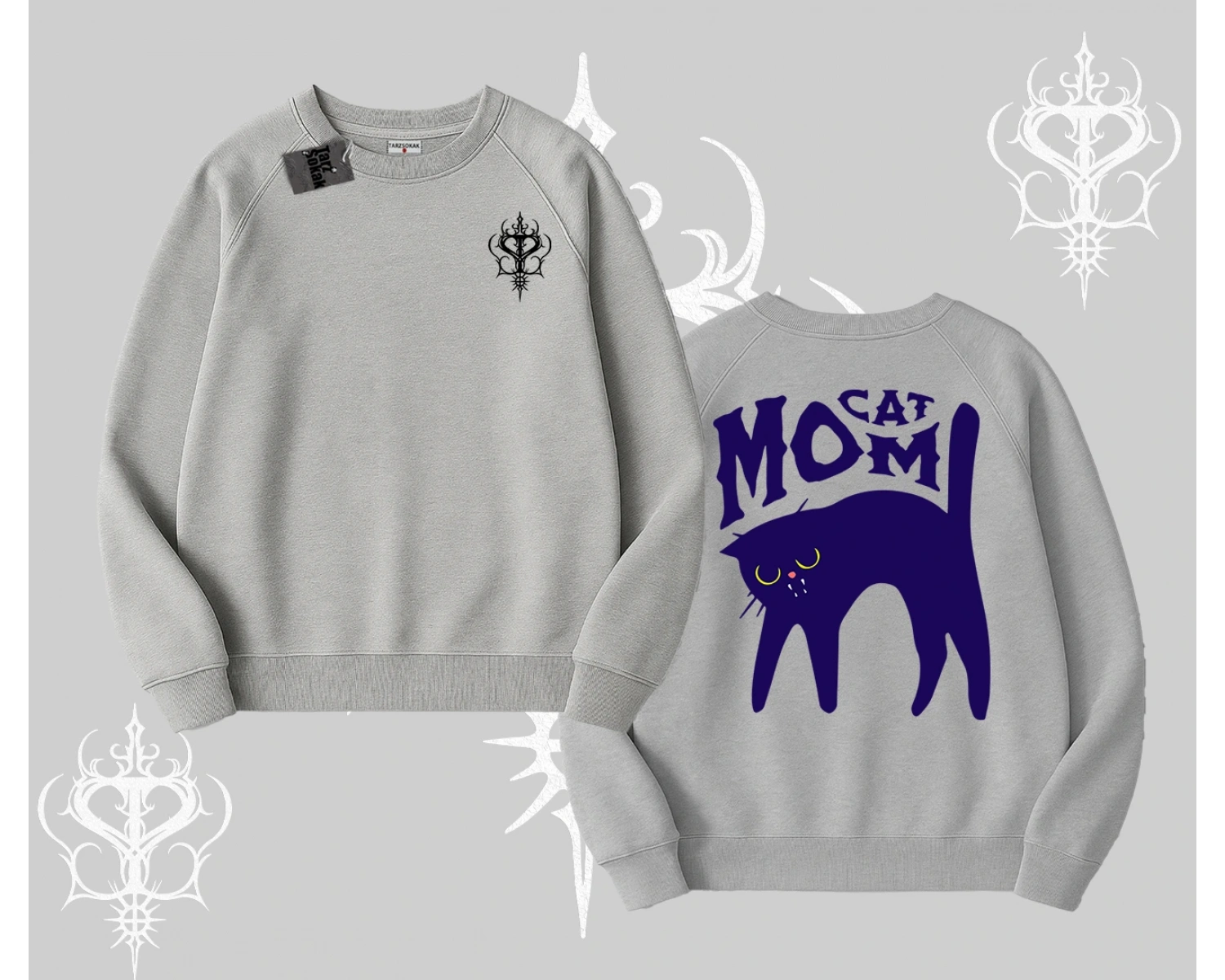 Cat Mom Yazılı Minimal Kedi Arka Baskılı Biskilet Sweatshirt