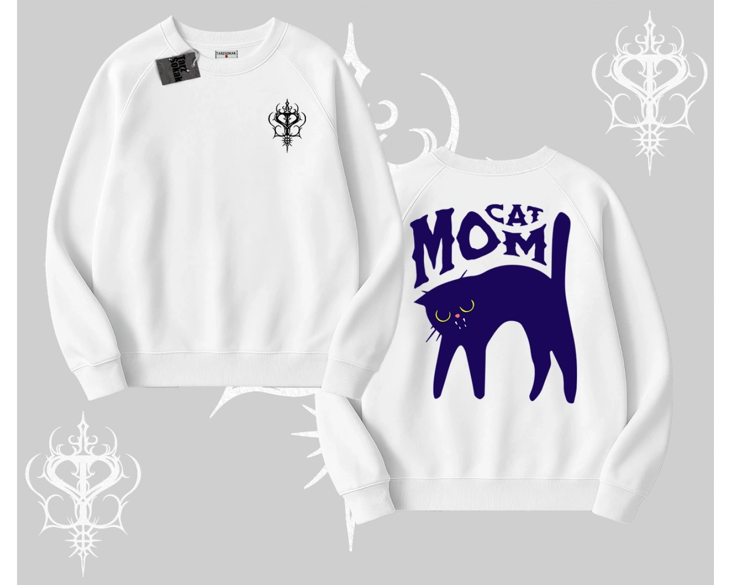 Cat Mom Yazılı Minimal Kedi Arka Baskılı Biskilet Sweatshirt