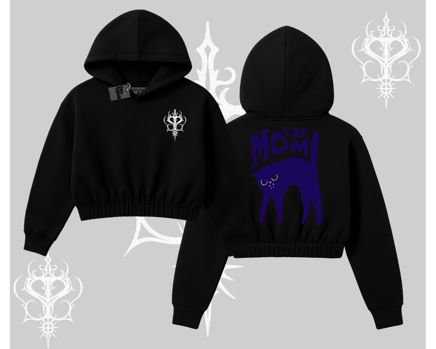 Cat Mom Yazılı Minimal Kedi Arka Baskılı Kapşonlu Crop Sweatshirt