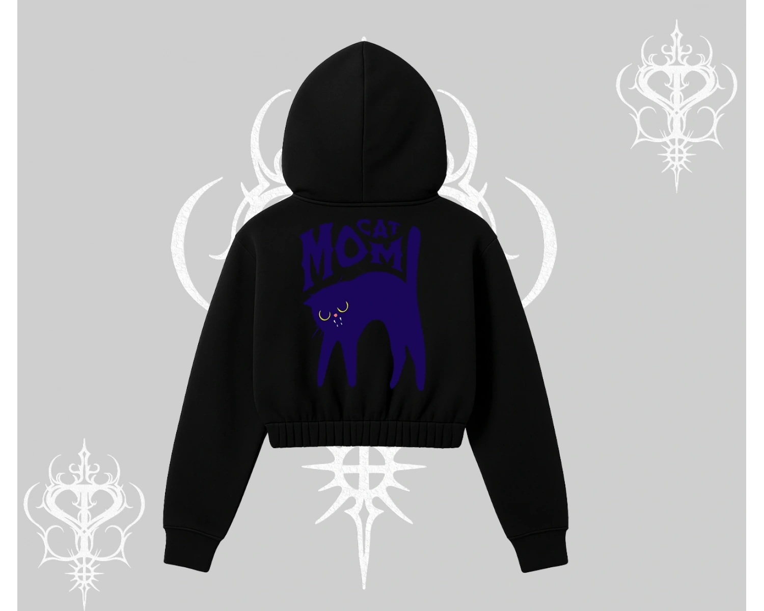 Cat Mom Yazılı Minimal Kedi Arka Baskılı Kapşonlu Crop Sweatshirt