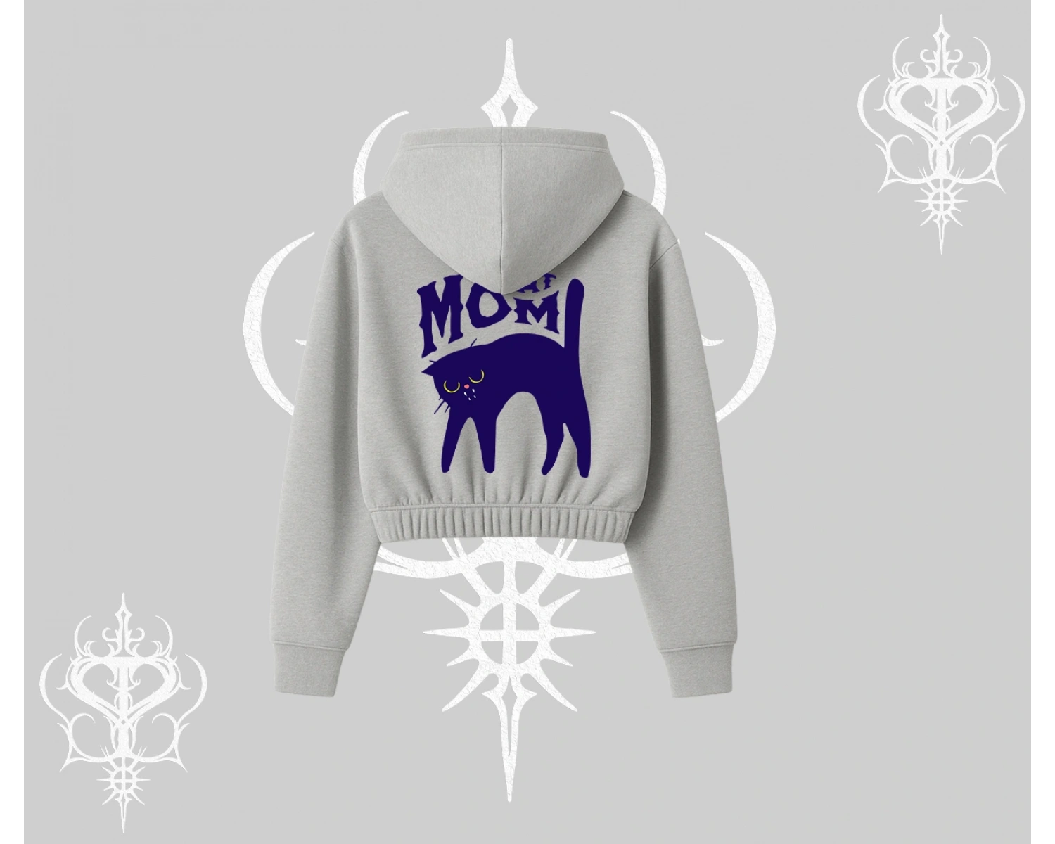 Cat Mom Yazılı Minimal Kedi Arka Baskılı Kapşonlu Crop Sweatshirt