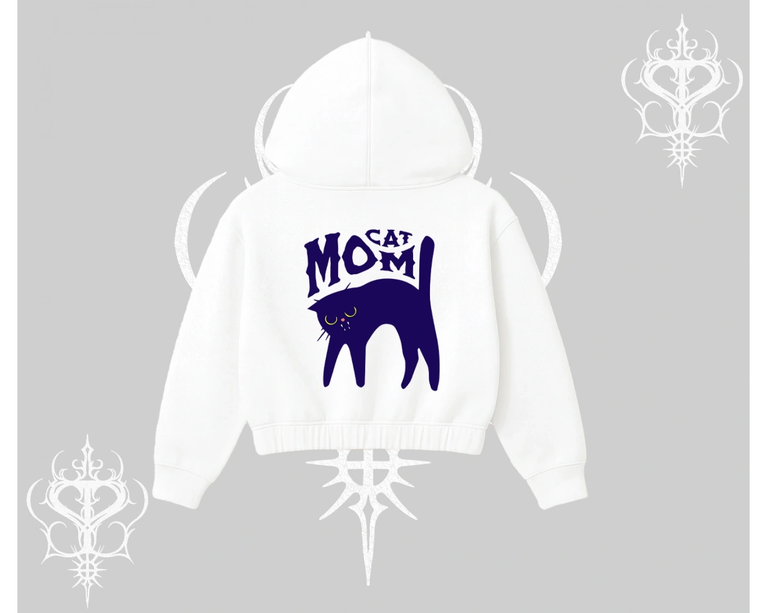 Cat Mom Yazılı Minimal Kedi Arka Baskılı Kapşonlu Crop Sweatshirt