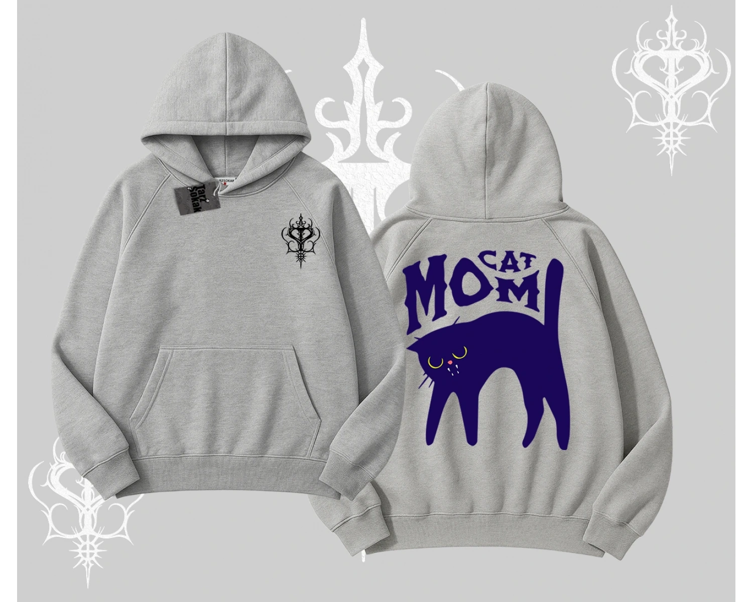 Cat Mom Yazılı Minimal Kedi Arka Baskılı Kapşonlu Sweatshirt