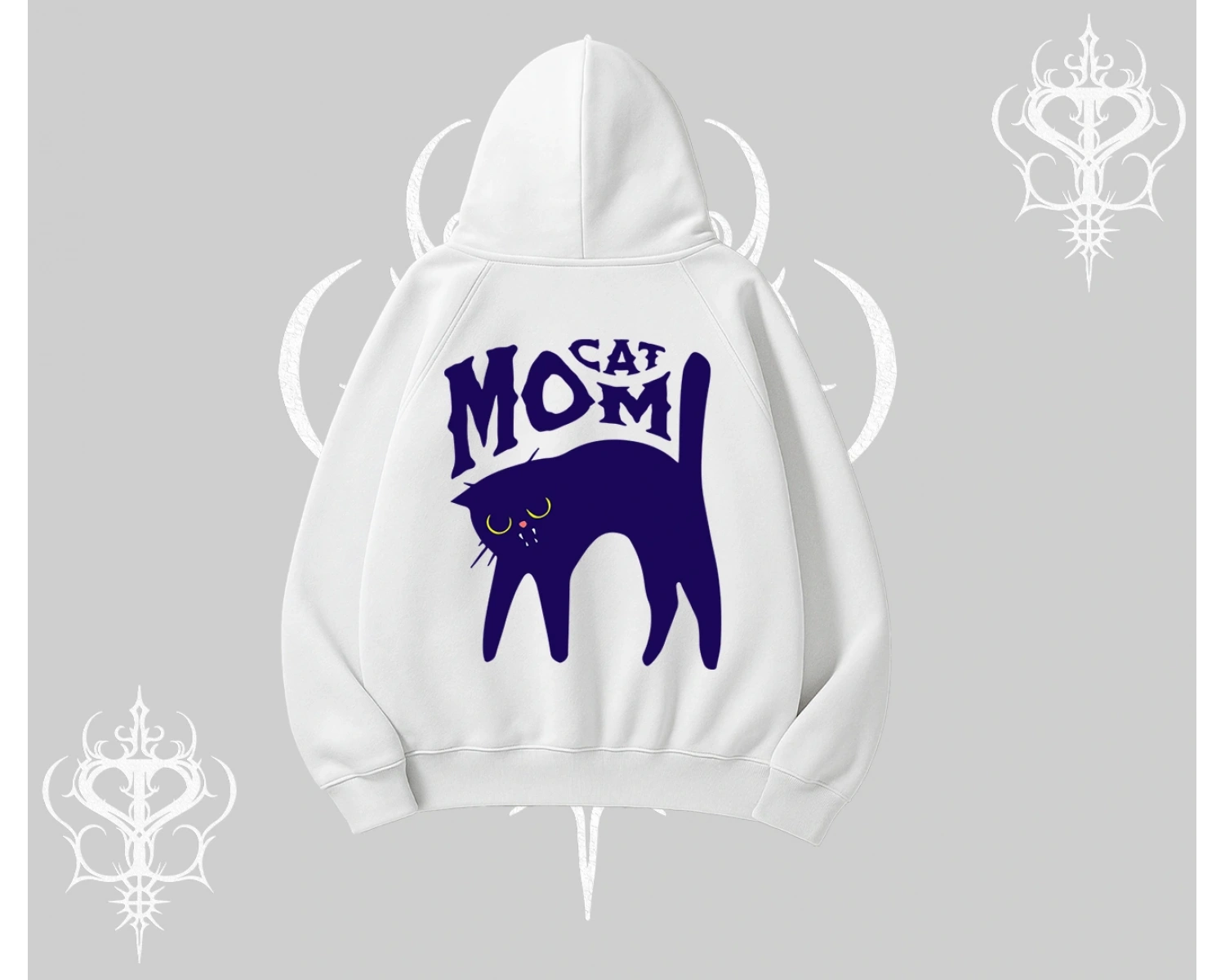 Cat Mom Yazılı Minimal Kedi Arka Baskılı Kapşonlu Sweatshirt